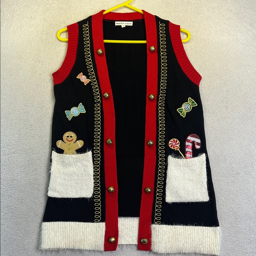 Mesh + Lace Womens Christmas Vest Bells Sequins Ugly Xmas Sweater XS
